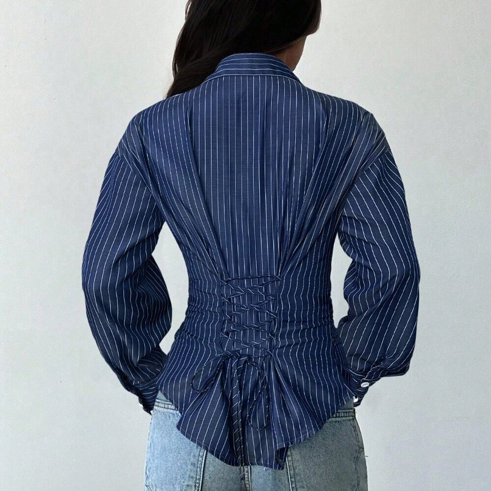 Navy Blue Long Sleeve Tie-Waist Blouse - Picture 2 of 6